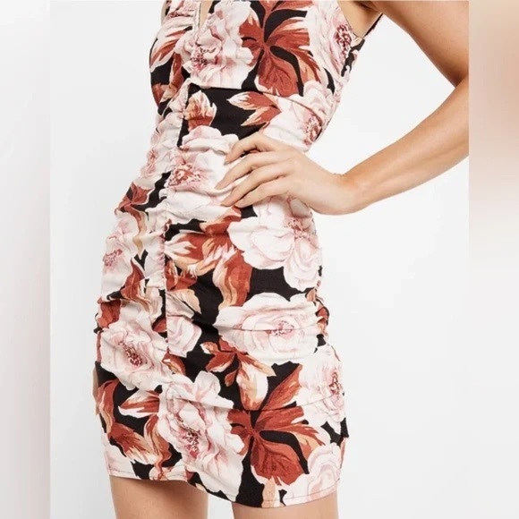 NWT Express Bodycon mini Dress small Black White Floral Linen Blend Scoop Neck - Picture 3 of 10